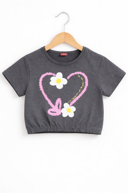 Girls grey cotton crop t-shirt with pink heart and white flower graphic print, Pakistan casual summer Kidswear 
