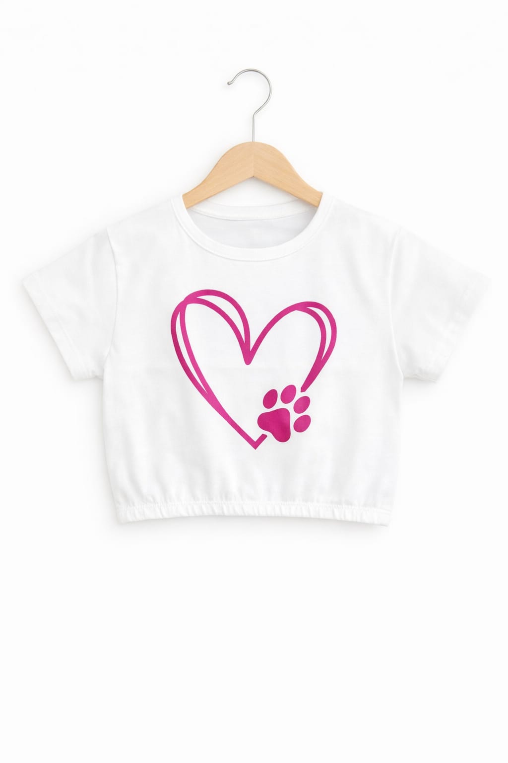 White girls crop t-shirt with pink heart and paw print graphic, elastic hem and soft cotton fabric in Pakistan.
