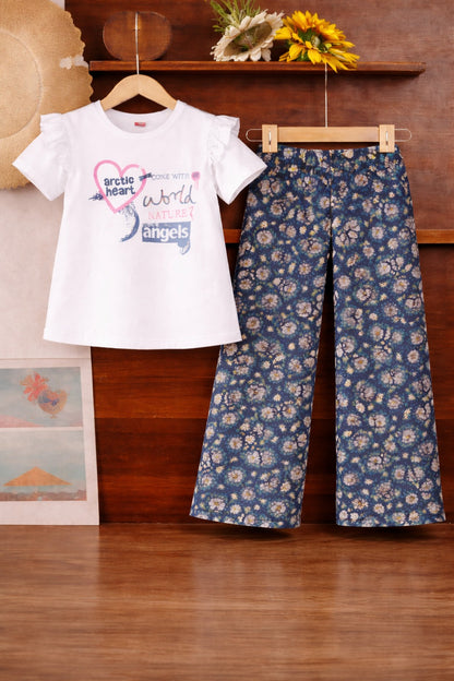 Girls white cotton t-shirt navy floral pants co-ord set Pakistan kids outfit