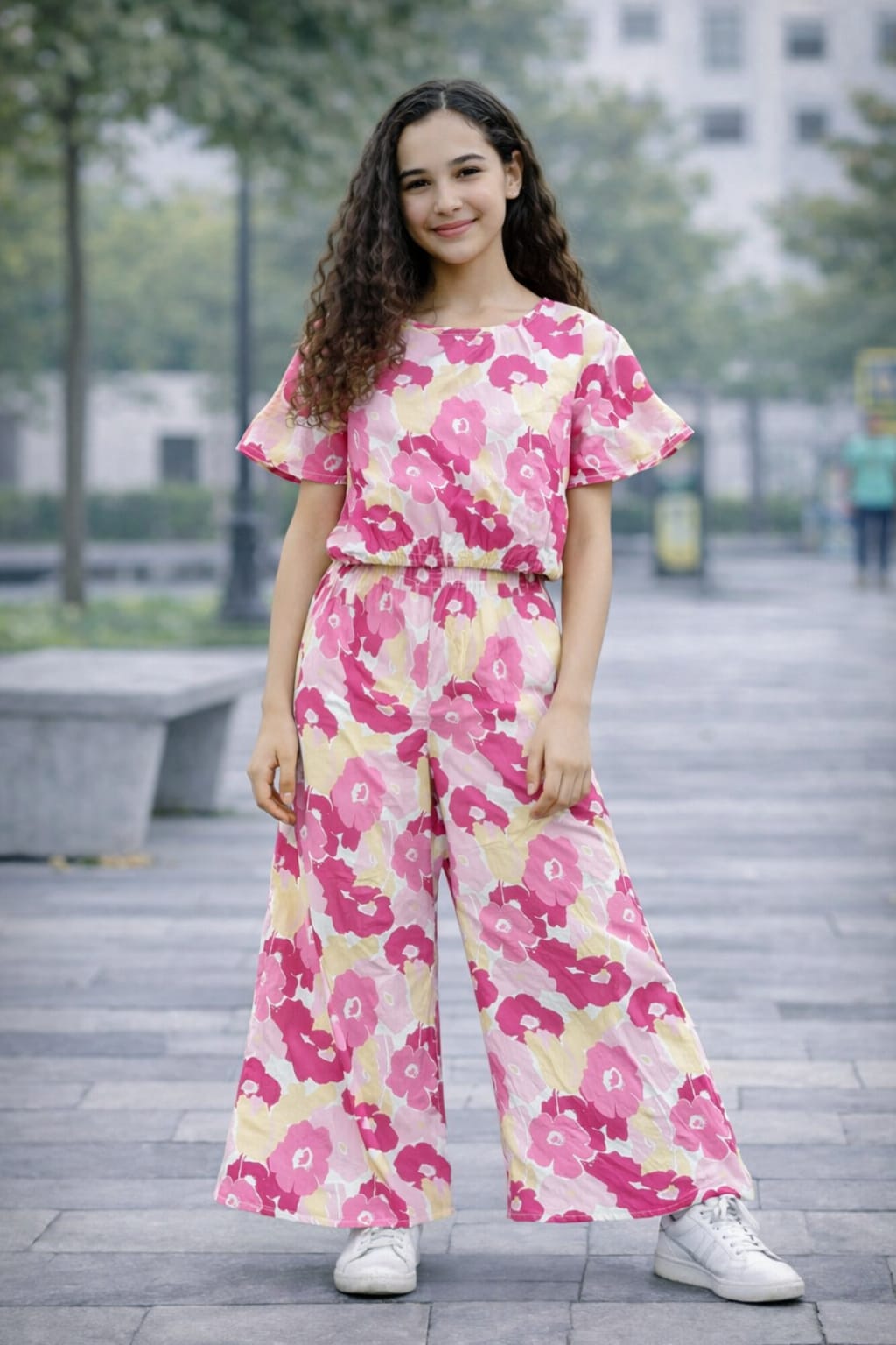 Girls pink floral cotton co-ord set with pants kids outfit Pakistan
