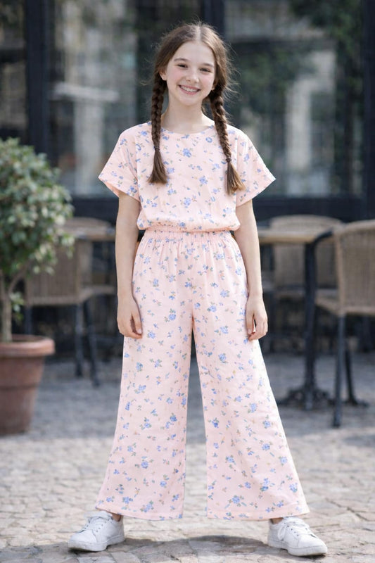 Girls light pink cotton co-ord set with blue floral pants kids outfit Pakistan