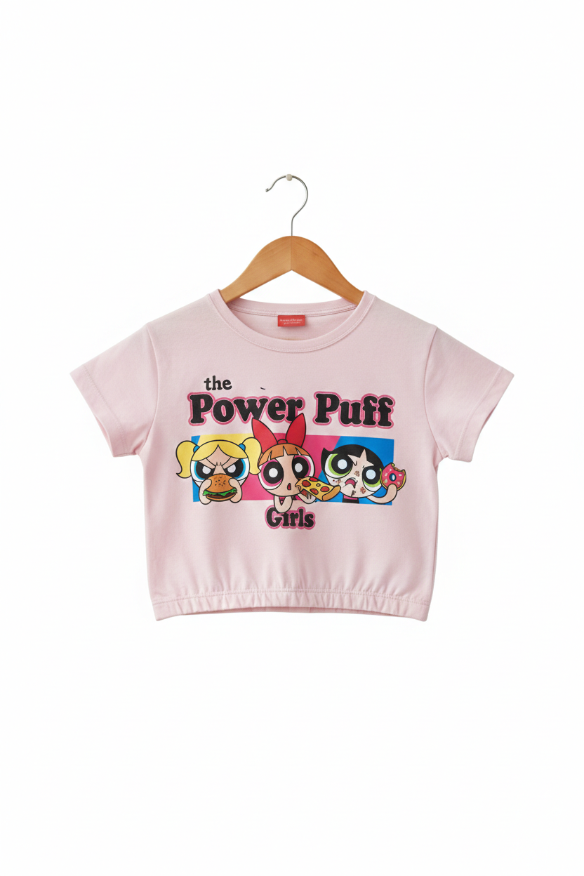 Girls light pink cotton crop t-shirt with Power Puff Girls cartoon graphic print, Pakistan casual short sleeve summer Kidswear 
