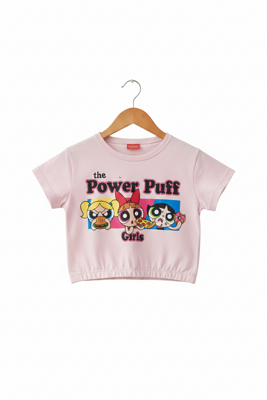 Girls light pink cotton crop t-shirt with Power Puff Girls cartoon graphic print, Pakistan casual short sleeve summer Kidswear 
