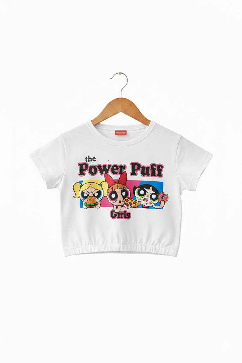 Girls white cotton crop t-shirt with Power Puff Girls cartoon graphic print, Pakistan casual short sleeve summer Kidswear 