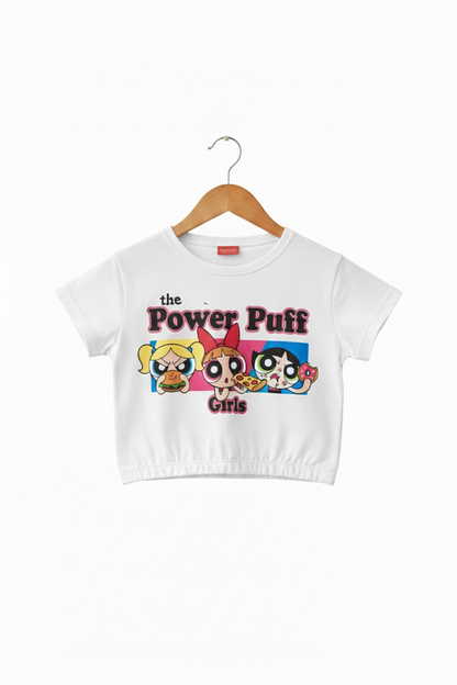 Girls white cotton crop t-shirt with Power Puff Girls cartoon graphic print, Pakistan casual short sleeve summer Kidswear 