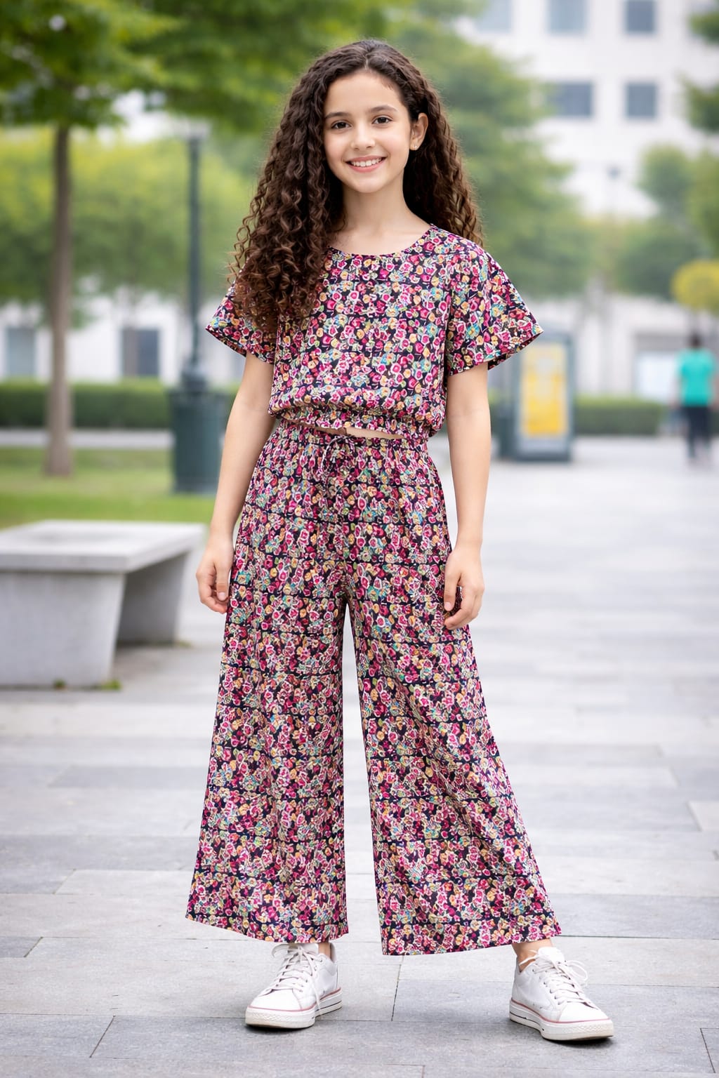 Multicolor floral cotton girls co-ord set with short sleeve top and wide-leg pants, casual outdoor street style Pakistan
