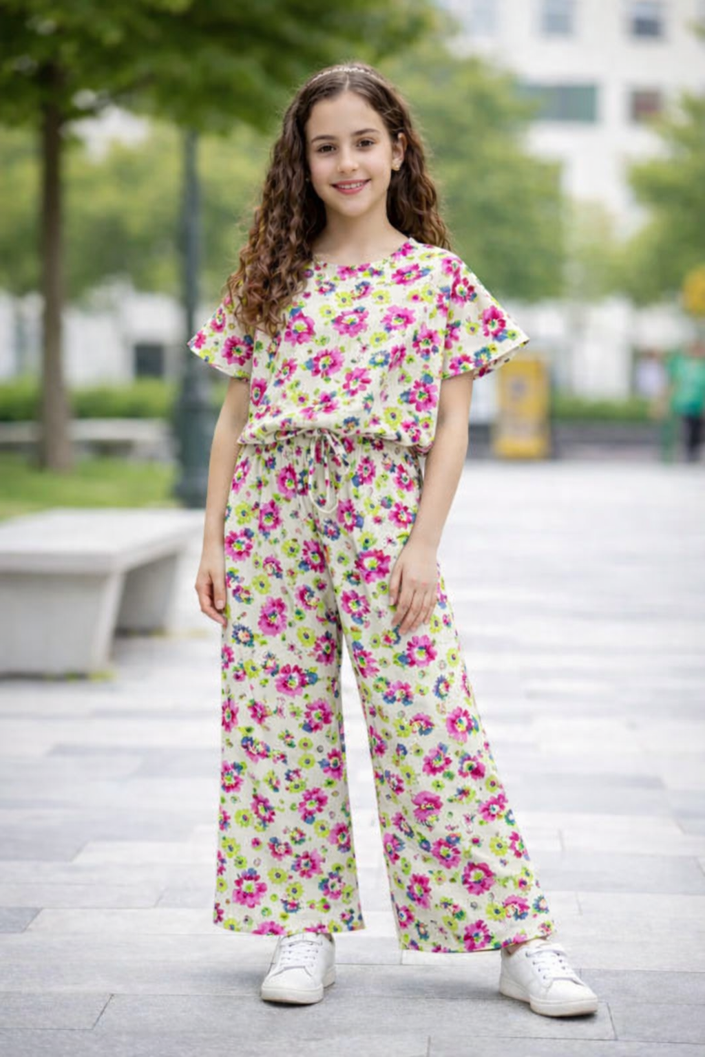Beige floral cotton girls co-ord set with wide-leg pants outdoor