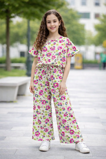Beige floral cotton girls co-ord set with wide-leg pants outdoor
