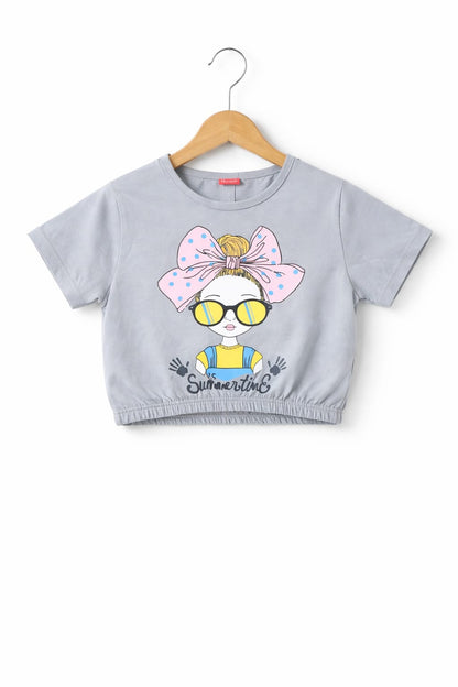Light grey girls crop t-shirt with cute girl graphic, bow and sunglasses print, elastic hem and soft cotton fabric in Pakistan.
