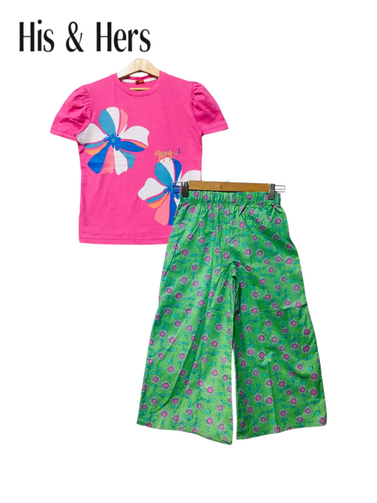 Green floral cotton girls co-ord set with short sleeve top and wide-leg pants, Pakistan
