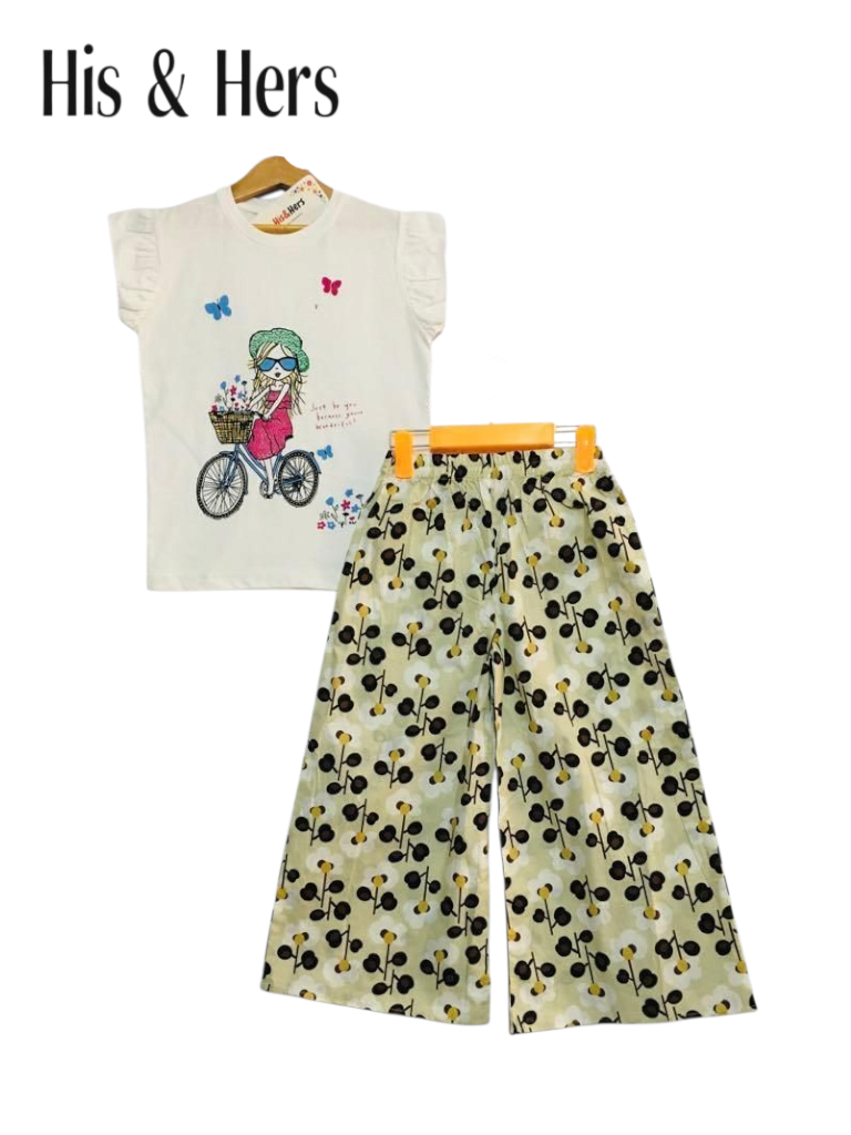 Girls white cotton graphic t-shirt green printed pants co-ord set Pakistan kids outfit