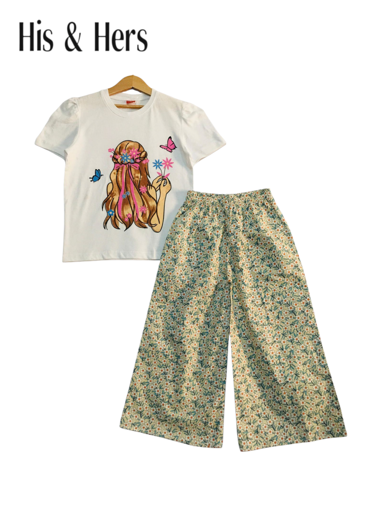 White cotton girls co-ord set with graphic printed short sleeve T-shirt and green floral wide-leg pants, Pakistan kids Outfit
