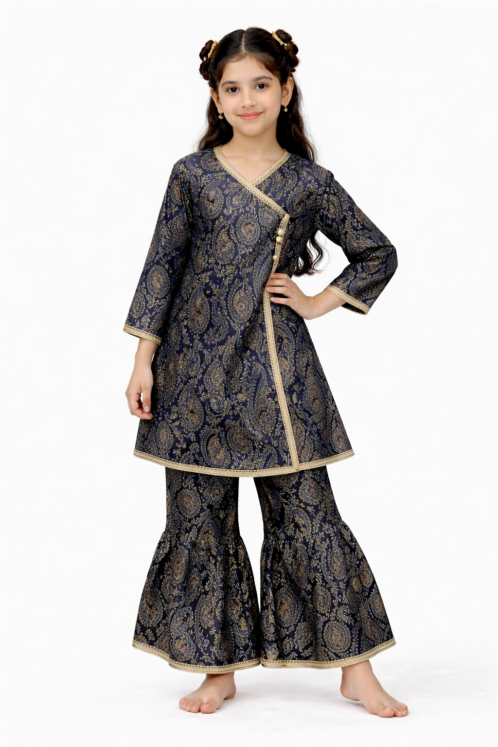 Black printed lawn 2-piece outfit for girls with kurti and flared pants, studio background Pakistan
