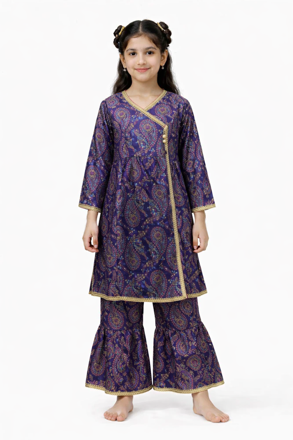 Purple printed lawn 2-piece outfit for girls with kurti and flared pants, studio background Pakistan
