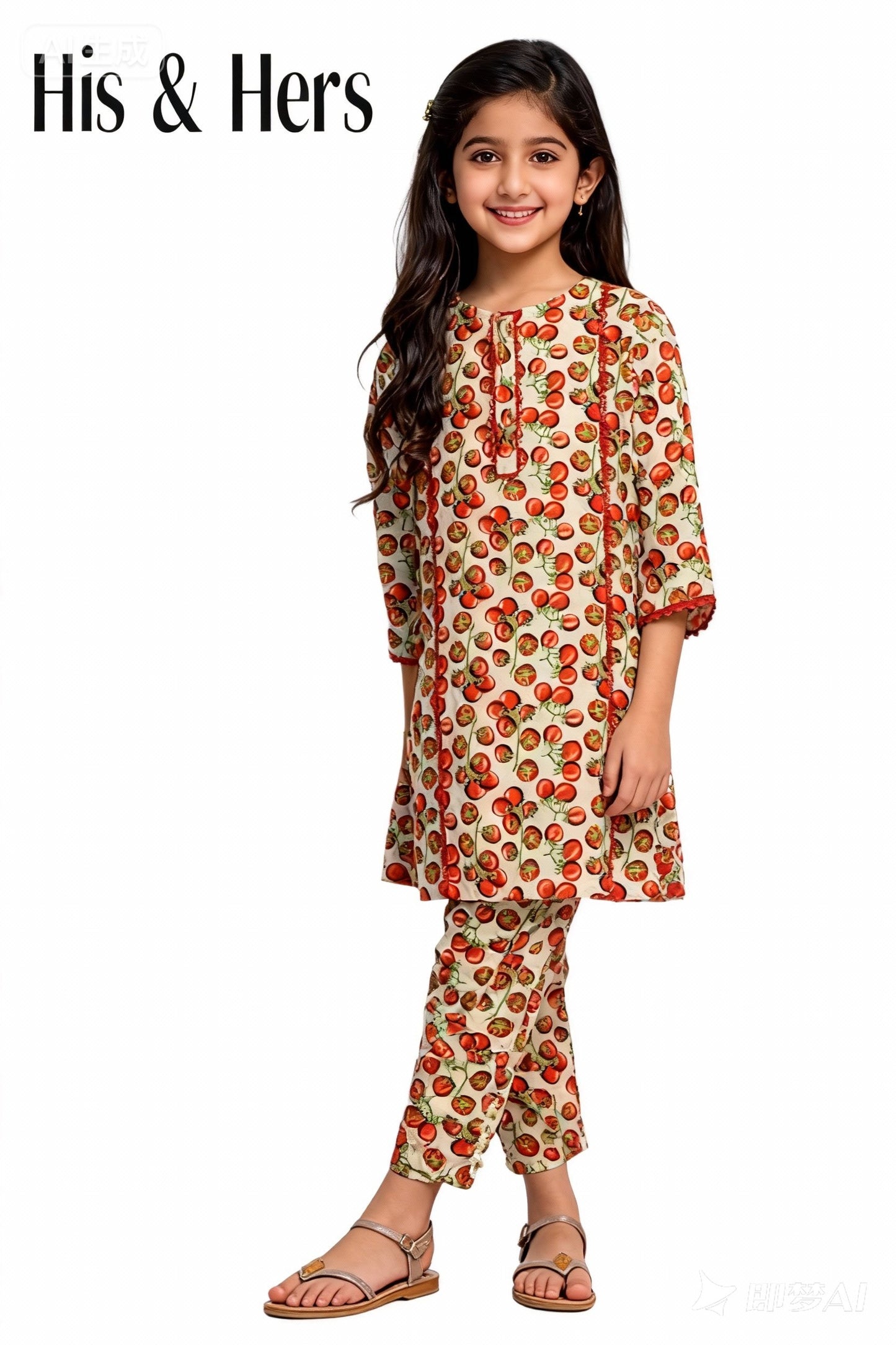 Beige cherry printed cotton 2-piece outfit for girls with kurti and straight pants,  Pakistan
