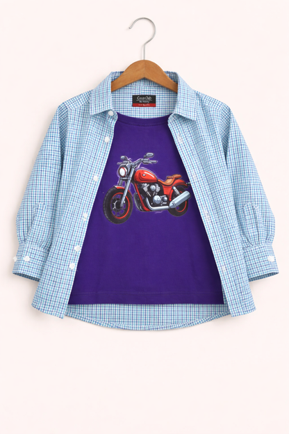 Purple Checked Bike Printed Layered Casual Shirt 296