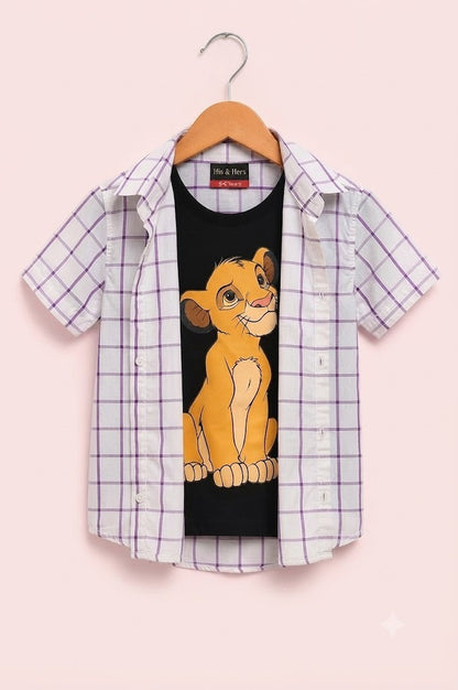 Purple  Checked  [Simba] Printed White Boys Layered Casual Shirt 710