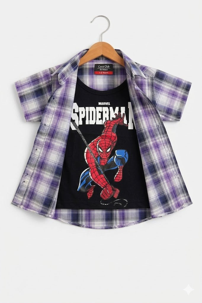 Purple Checked Spiderman Printed  Layered Casual Shirt 211