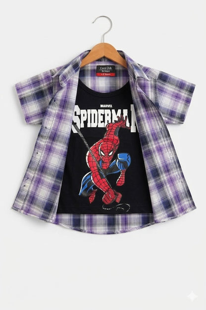Purple Checked Spiderman Printed  Layered Casual Shirt 211