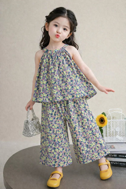 Multicolor floral printed cotton girls co-ord set with sleeveless gathered top and wide-leg pants, Pakistan kids Outfit