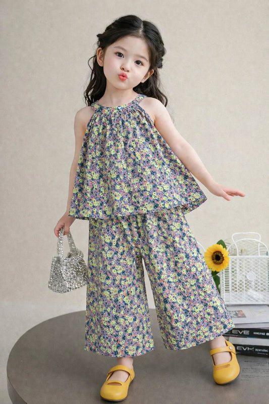 Multicolor floral printed cotton girls co-ord set with sleeveless gathered top and wide-leg pants, Pakistan kids Outfit