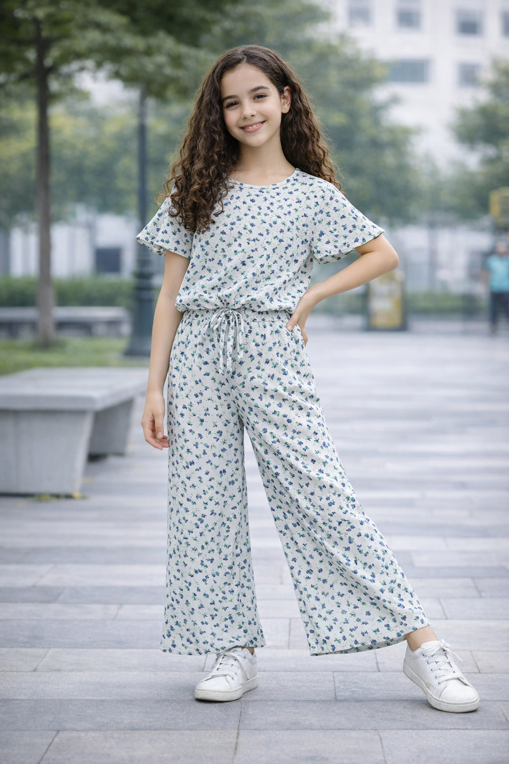 Girls white cotton co-ord set with blue floral print pants kids outfit Pakistan