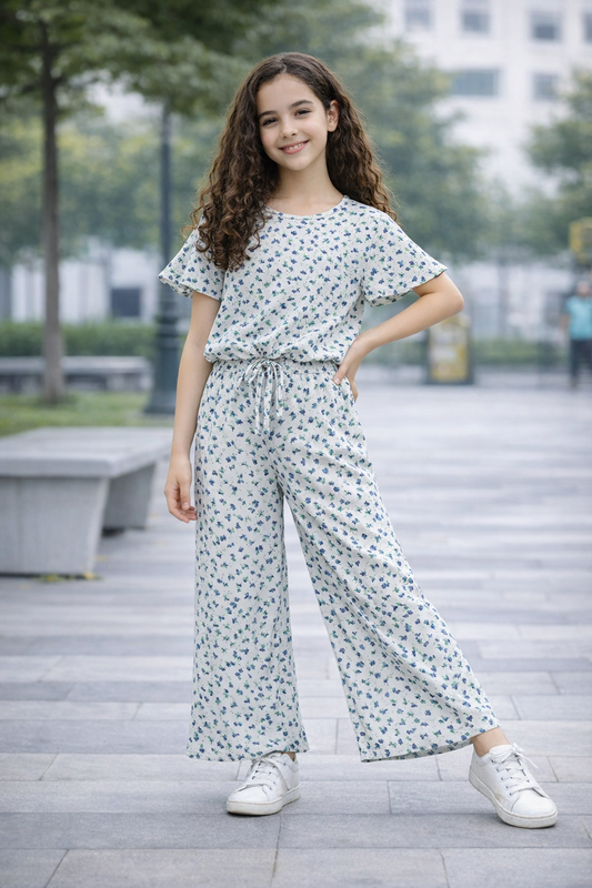 Girls white cotton co-ord set with blue floral print pants kids outfit Pakistan