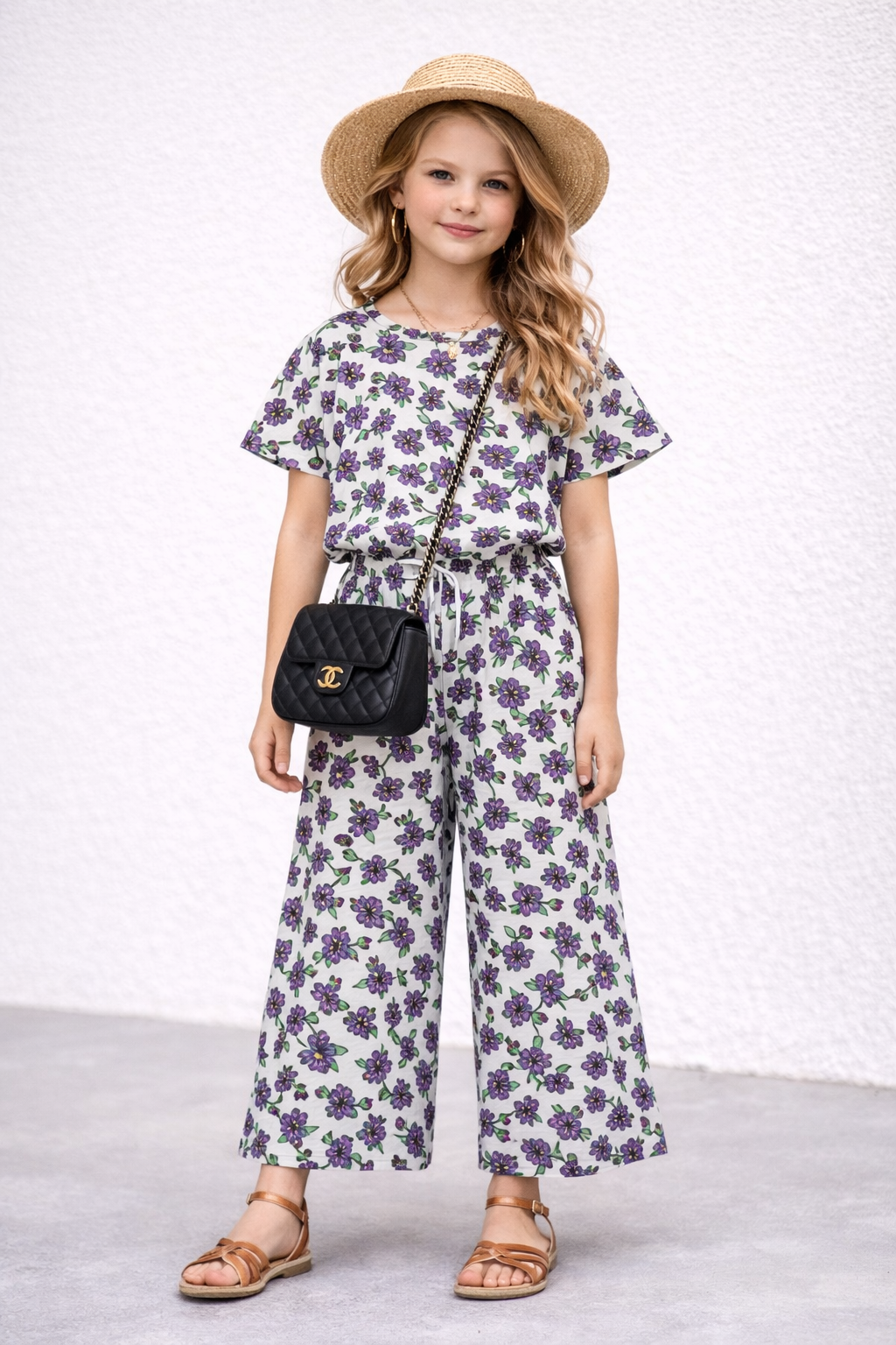 White cotton girls co-ord set with purple floral print, short sleeve top and wide-leg pants,  Pakistan
