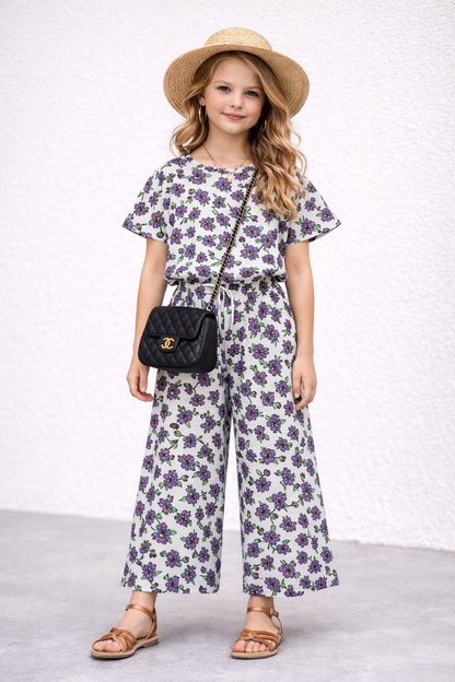 White cotton girls co-ord set with purple floral print, short sleeve top and wide-leg pants,  Pakistan
