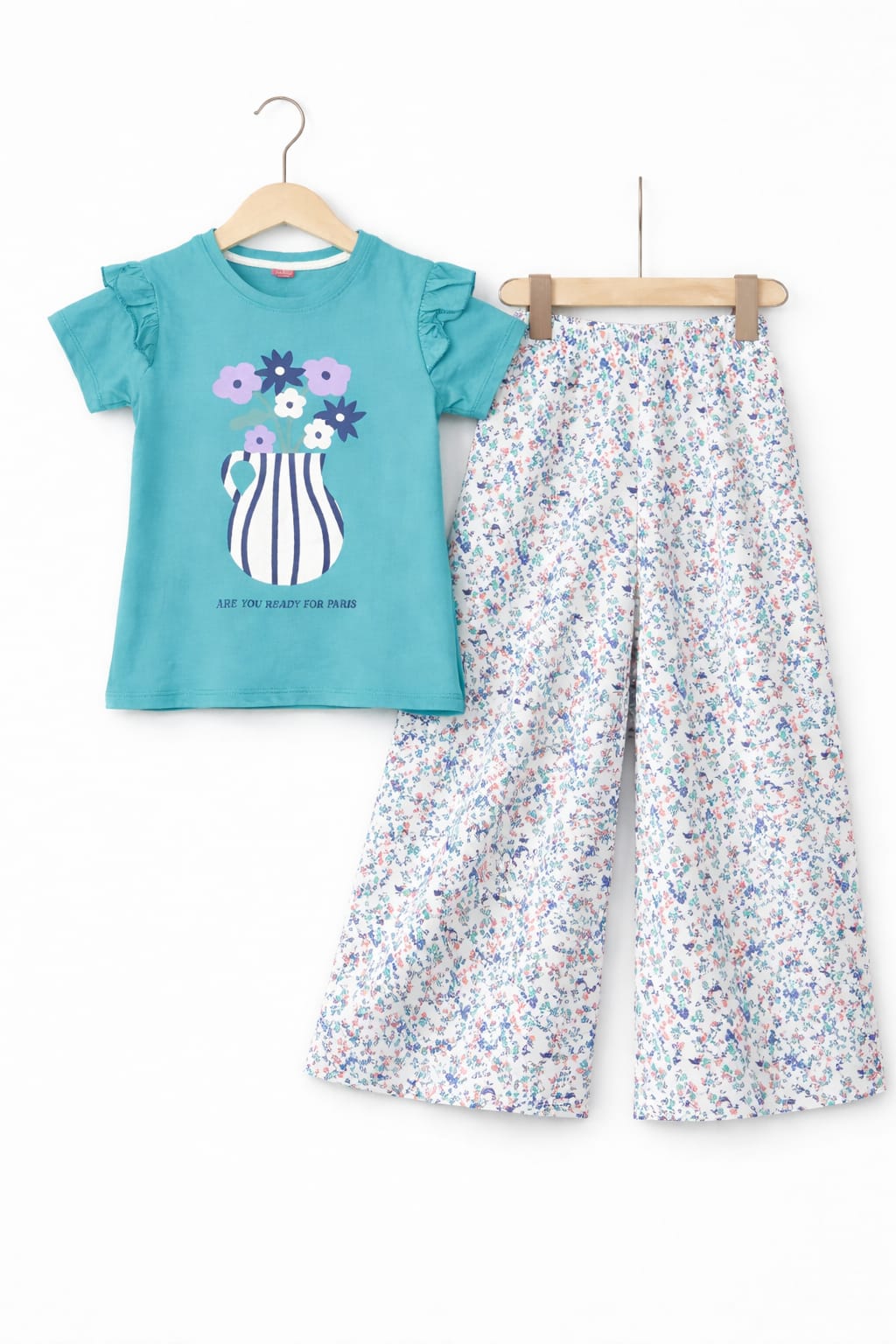 Turquoise cotton girls co-ord set with flower vase print ruffle sleeve T-shirt and white floral wide-leg pants,  Pakistan
