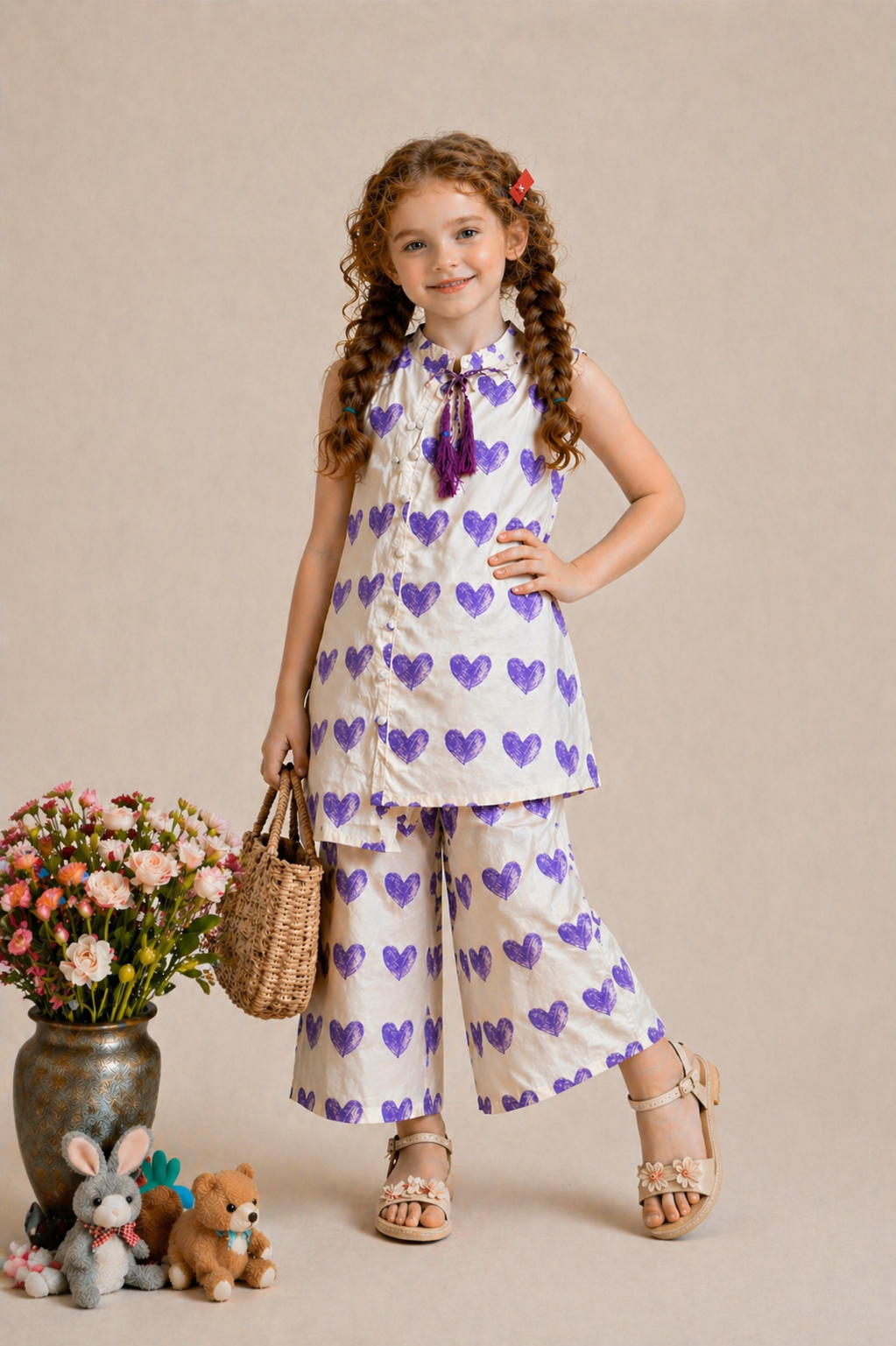 White cotton girls co-ord set with purple heart print, sleeveless top with tassel detail and wide-leg pants, Pakistan kids Outfit