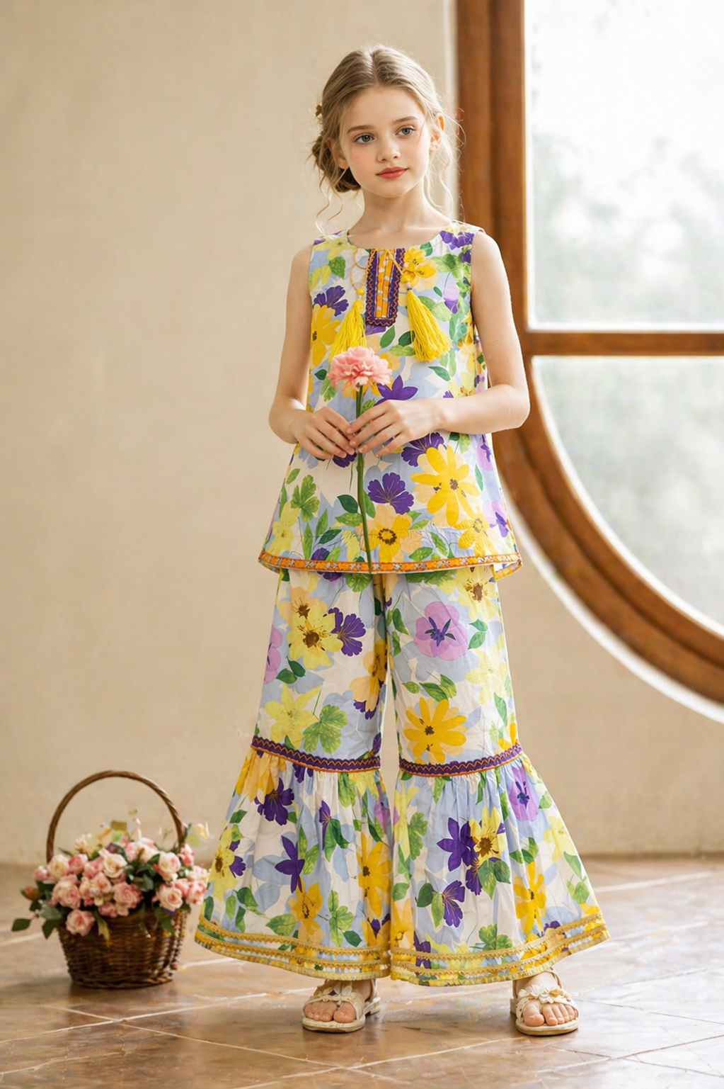 Purple & Light Orange  Flowers Printed   Garara Suit-Cotton Summer Outfit Pakistan 
