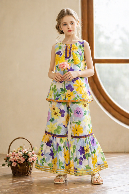 Purple & Light Orange  Flowers Printed   Garara Suit-Cotton Summer Outfit Pakistan 