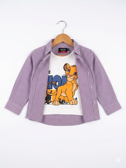 Boys purple check layered shirt set with Lion King graphic tee in Pakistan.
