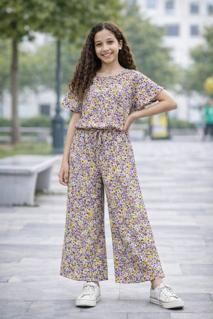 Purple &Yellow Flowers Cotton Girls Co-Ord Set 244