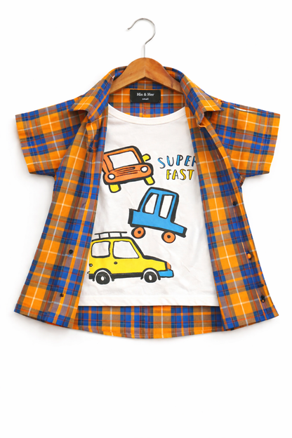 Purple or Orange Checked Cars Printed Layered Casual Shirt 256