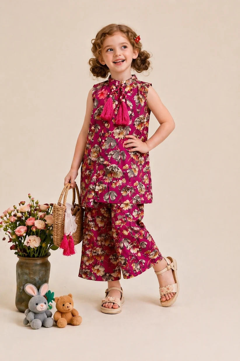 Girls pink floral  lawn kurti with pants kids outfit Pakistan