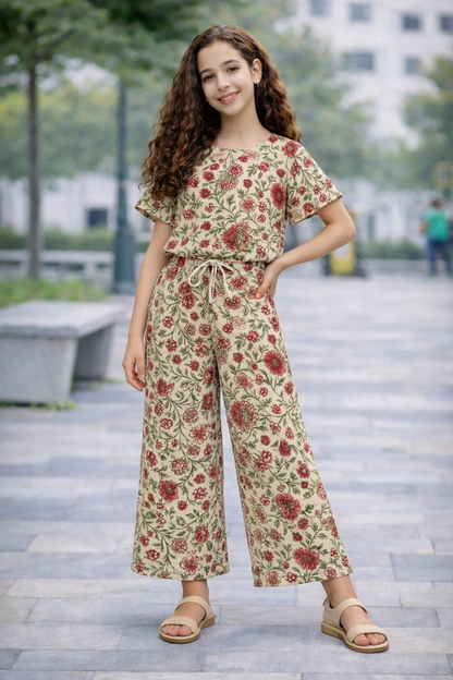 Beige floral cotton co-ord set with wide-leg pants for girls outdoor.