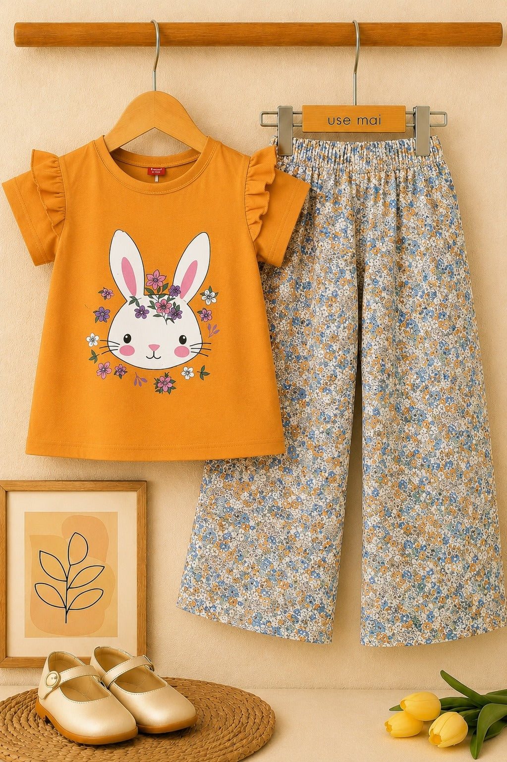 Girls mustard yellow bunny print cotton t-shirt with floral wide leg trousers co-ord set, cute summer outfit for kids in Pakistan.
