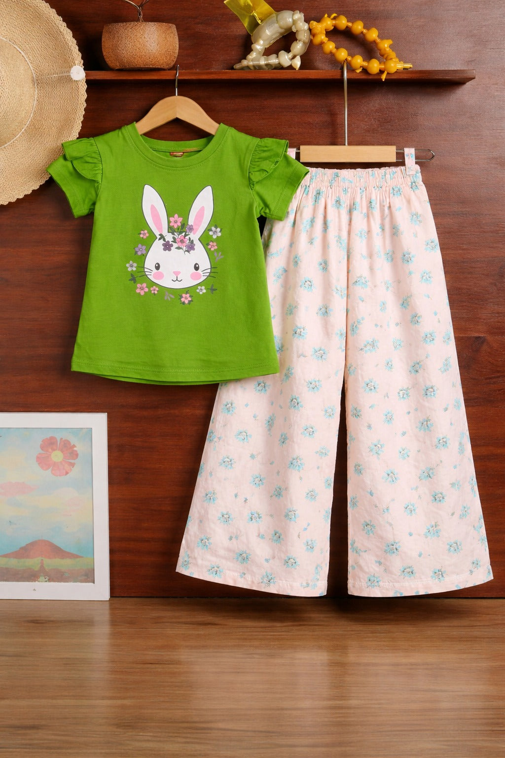 Girls green bunny print cotton t-shirt with pink floral pants kids outfit Pakistan