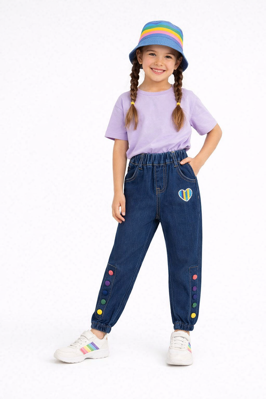 Rainbow Heart Denim Jeans for Girls 🌈 Dark Blue 108