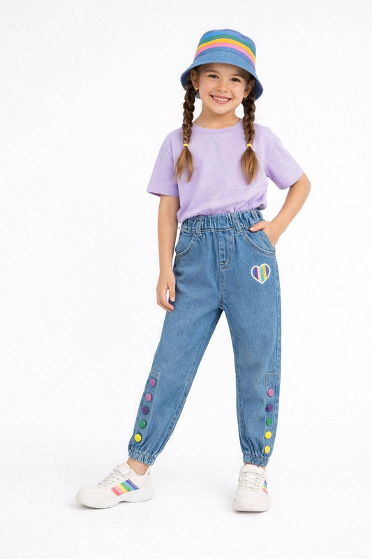 Rainbow Heart Denim Jeans for Girls 🌈 Mid Blue 108