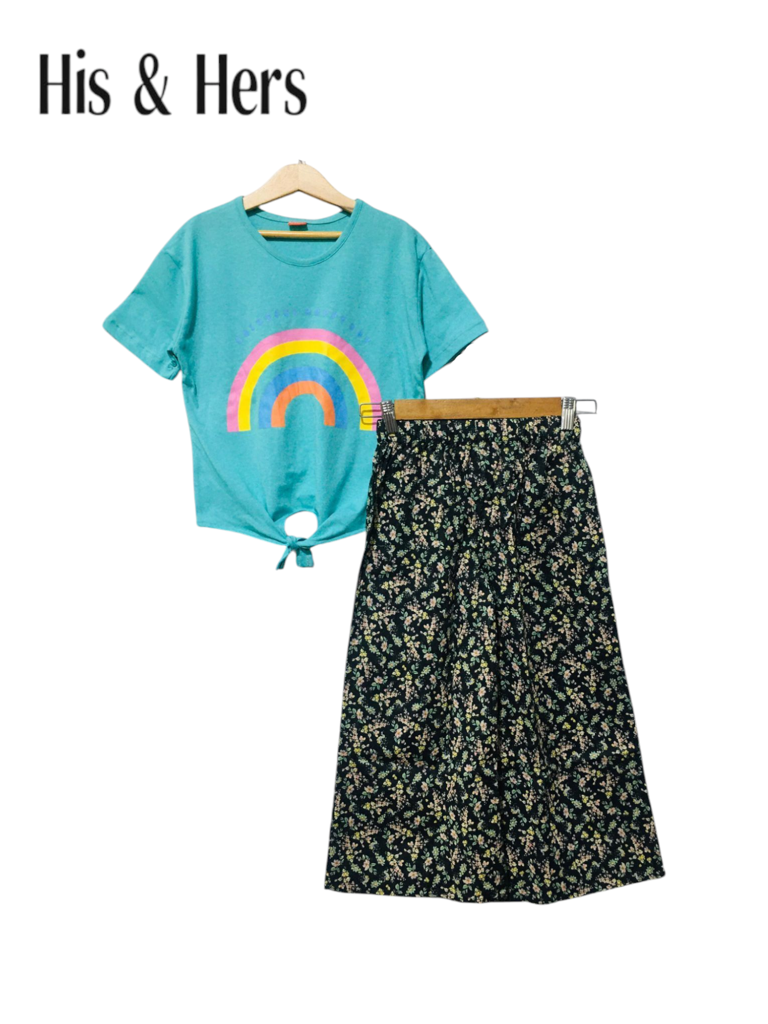 Blue cotton girls co-ord set with rainbow print T-shirt and black floral wide-leg pants, Pakistan
