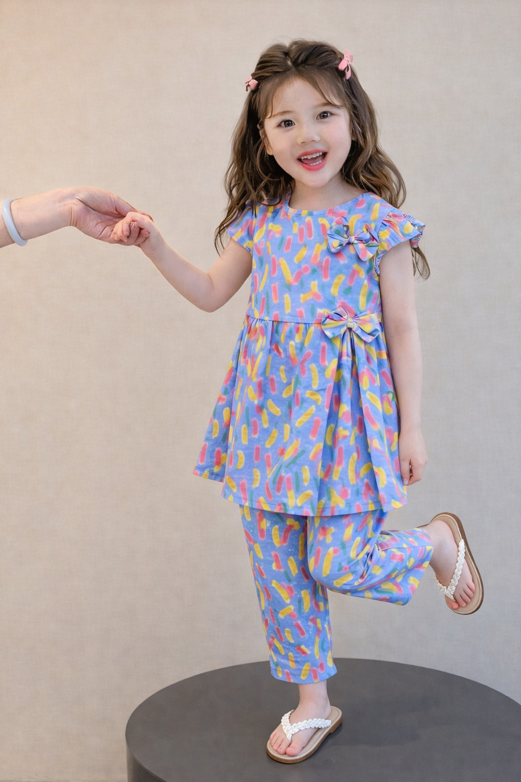 Multicolor printed cotton girls co-ord set with short sleeve bow detail top and straight pants, Pakistan kids Outfit
