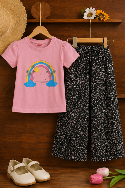 Rainbow Printed Light Pink Girls T-Shirt &Cotton Flapper 707