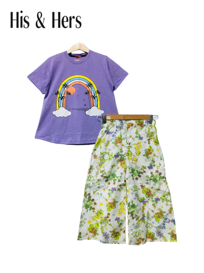 Girls purple rainbow t-shirt white floral pants co-ord set Pakistan kids outfit