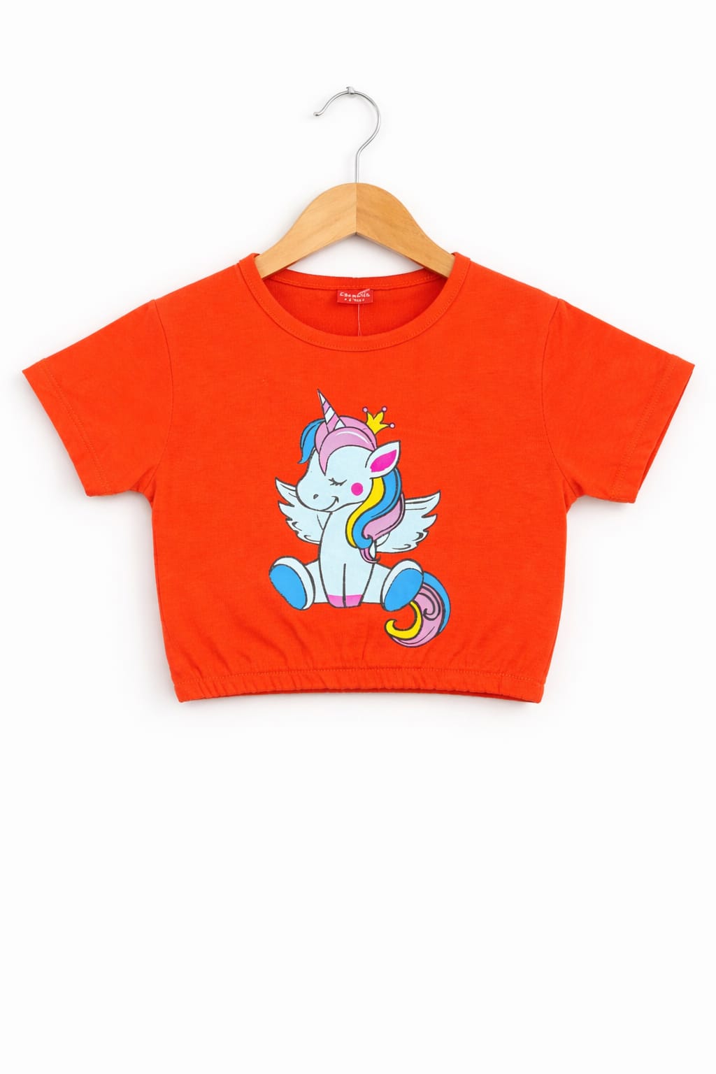 Girls orange cotton crop t-shirt with colorful unicorn graphic print, Pakistan casual summer Kidswear 
