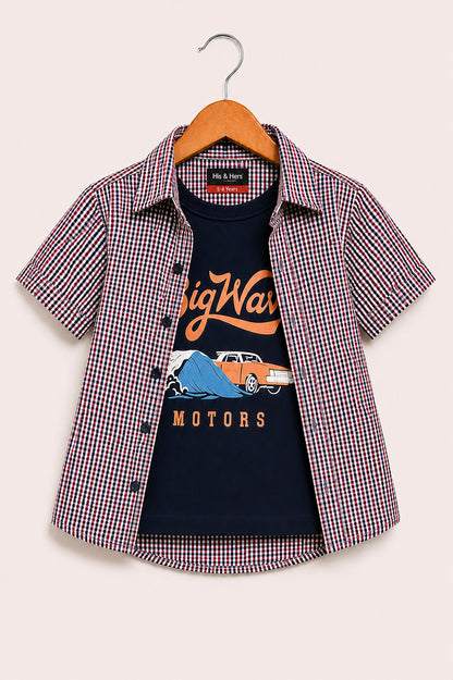 Red & Black Checked [Big Wave ]Printed Boys  Layered Casual Shirt 297