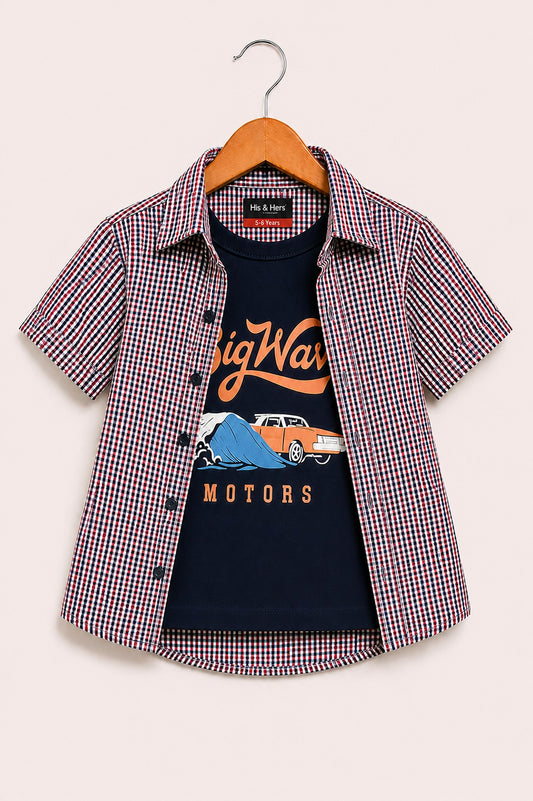 Red & Black Checked [Big Wave ]Printed Boys  Layered Casual Shirt 297