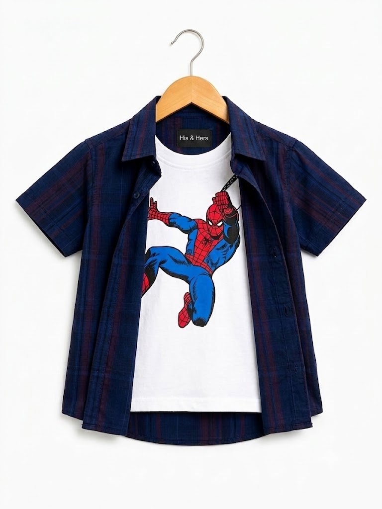 Red & Black Checked [Spider Man ] Printed Layered Casual Shirt 256